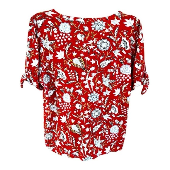 LOFT, WOMENS RED, FLORAL PRINT TOP. V-NECK, BUTTON FRONT, SHORT SLEEVE. SIZE L - Picture 5 of 7